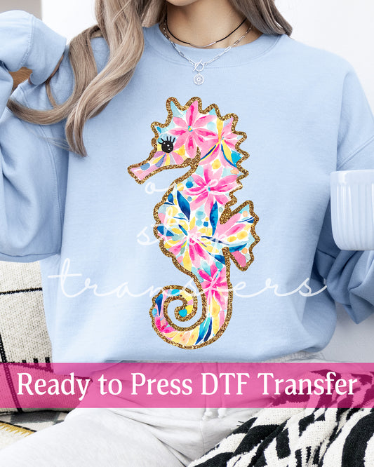 Boho Floral Seahorse with Faux Glitter Trim - Ready to Press DTF Transfers