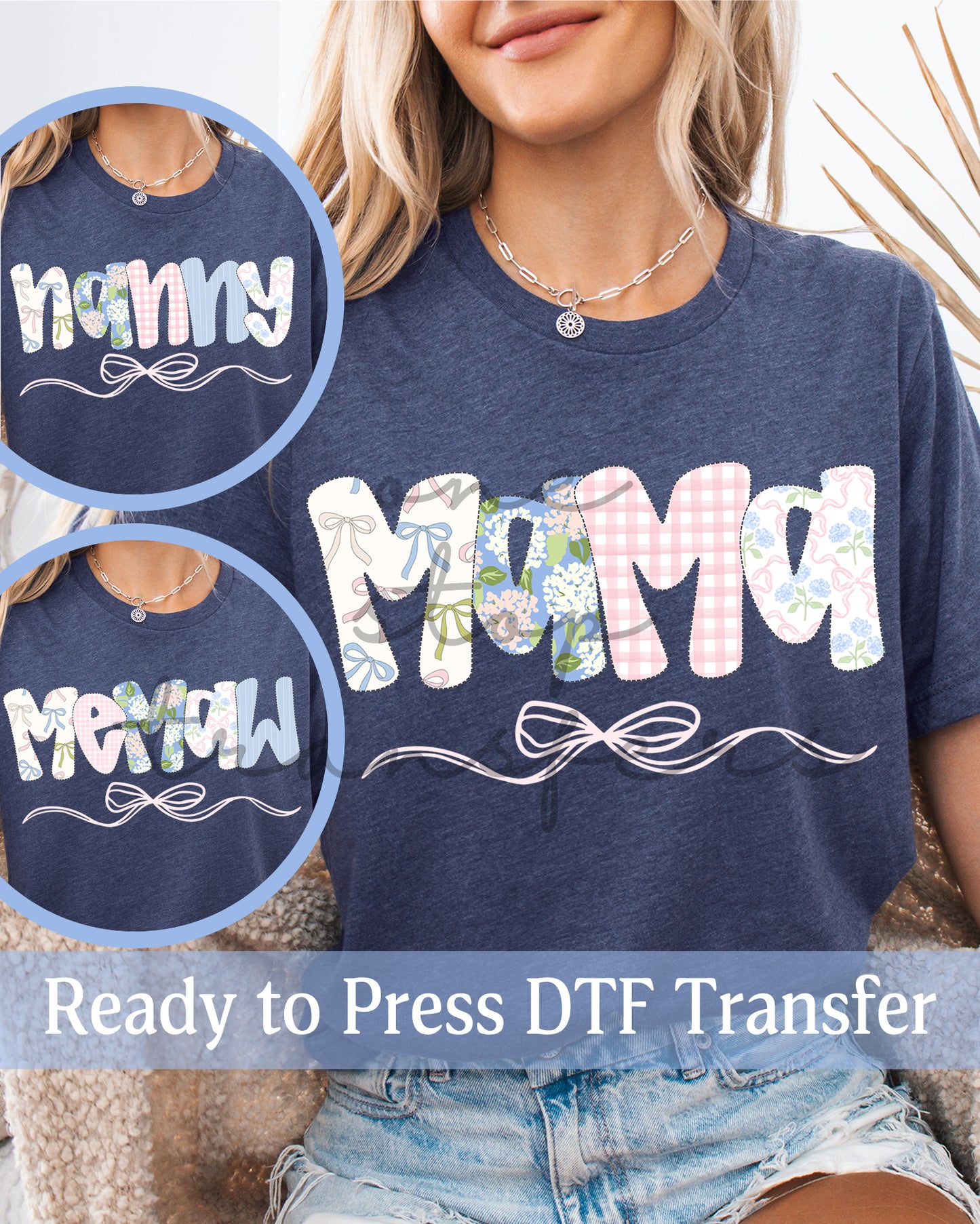 Preppy Pink And Blue Floral Coquette Mama, Nanny, Memaw - Ready to Press DTF Transfers