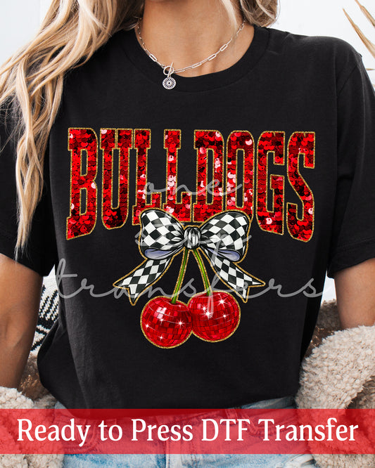 Faux Sequin Coquette Cherries Red Bulldogs - Ready to Press DTF Transfers