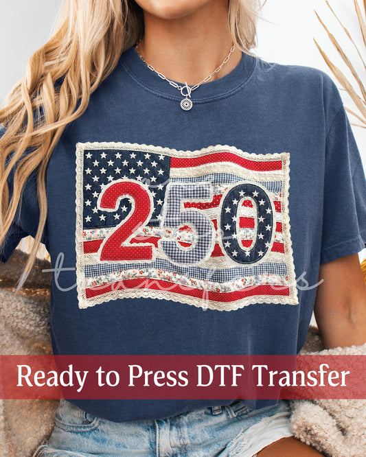 Shabby Chic Faux Quilted 250th Anniversary American Flag - Ready to Press DTF Transfers