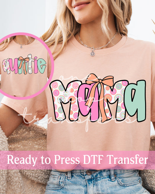 Pastel Smiley Face Coquette Mama, Auntie - Ready to Press DTF Transfers