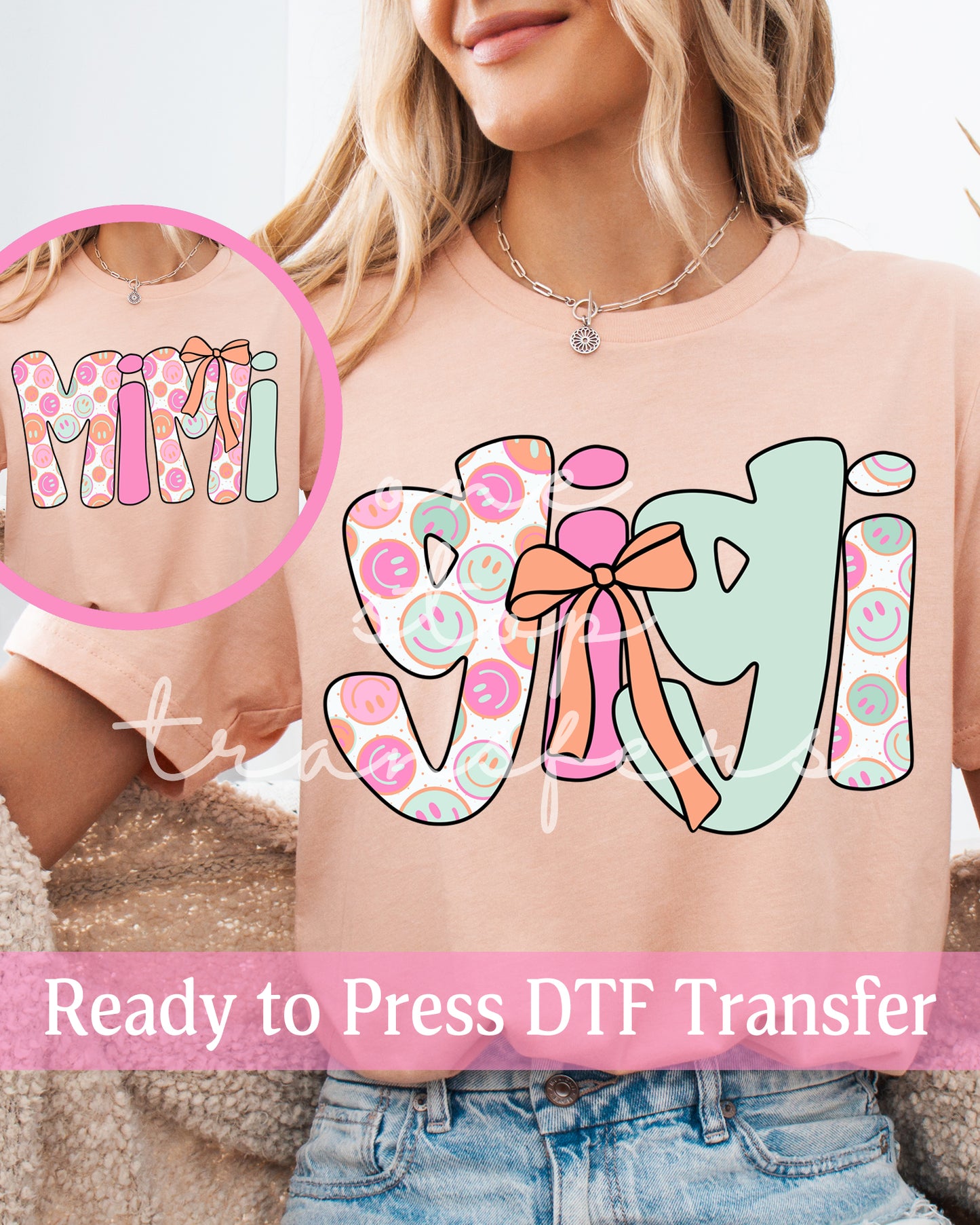Pastel Smiley Face Coquette Gigi, Mimi - Ready to Press DTF Transfers