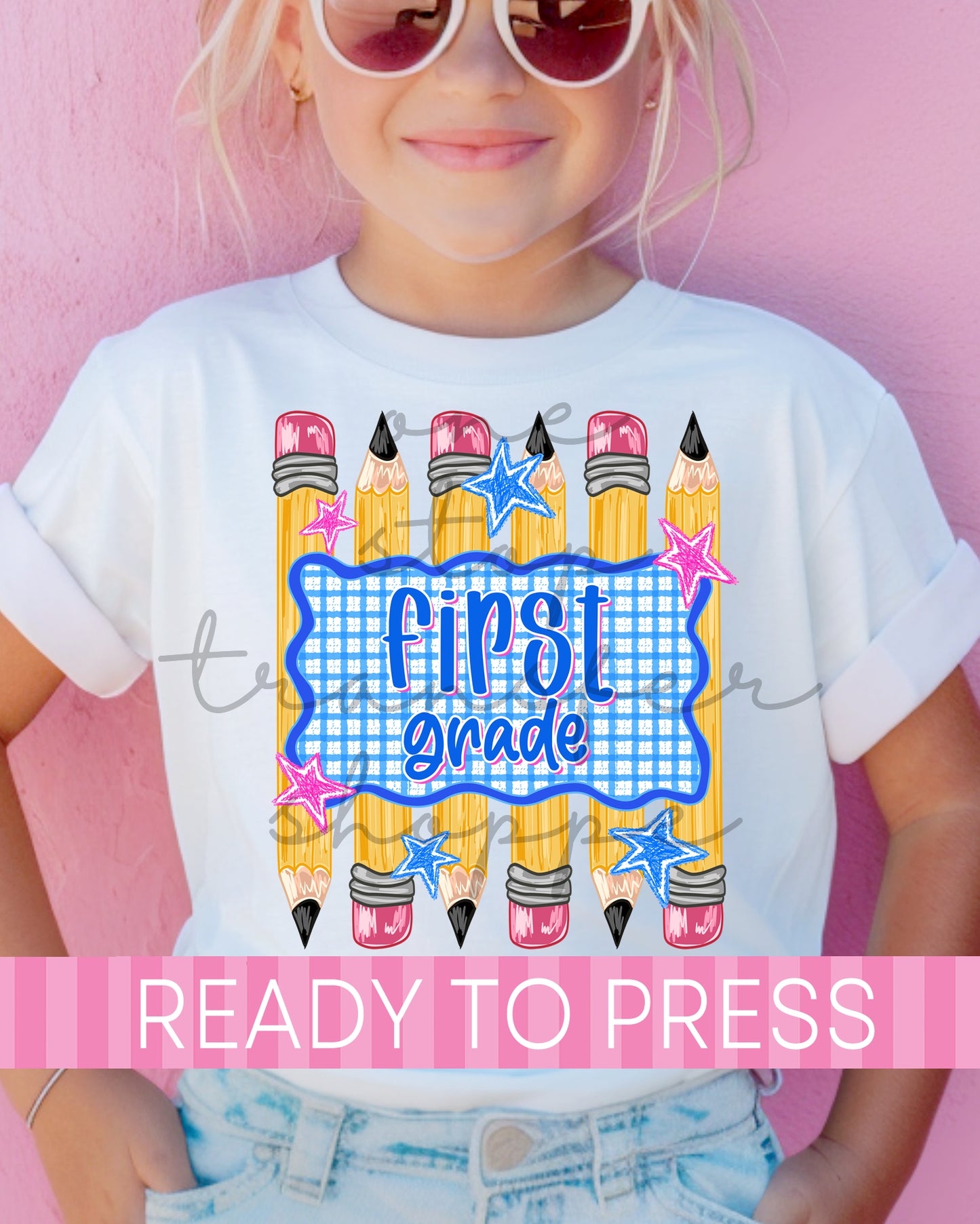 Pre-K - 4th Striped Pencils Blue Gingham Grades - Ready to Press DTF Transfers
