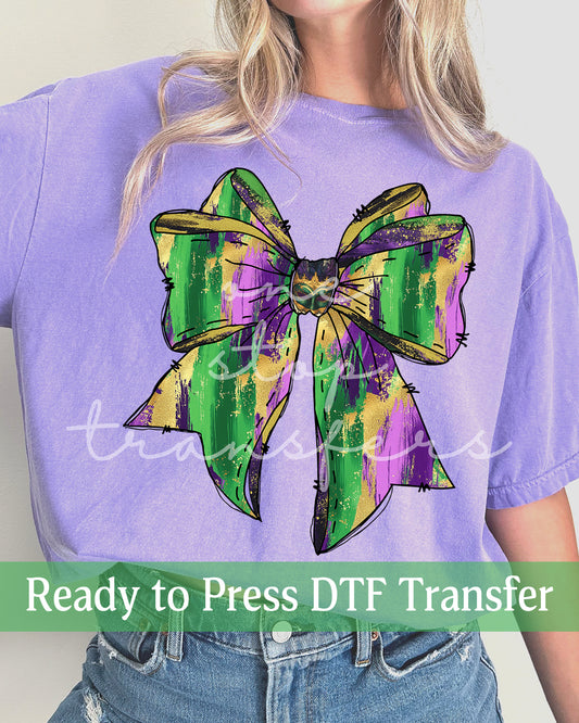 Coquette Faux Gold Glitter Watercolor Mardi Gras Bow - Ready to Press DTF Transfers